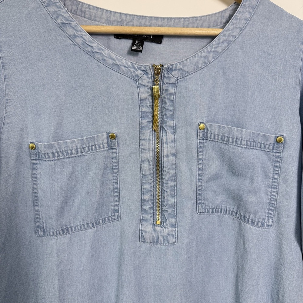 Ellen Tracy Chambray Tunic Top Womens‎ Large Blue Tencel Roll Tab Sleeve Casual - Picture 3 of 6